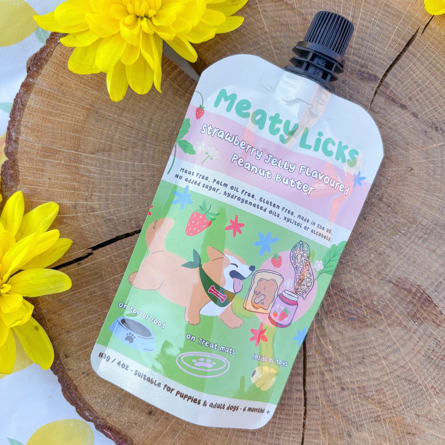 Meaty Licks Squeezy Peanut Butter Pouch | Strawberry Jelly