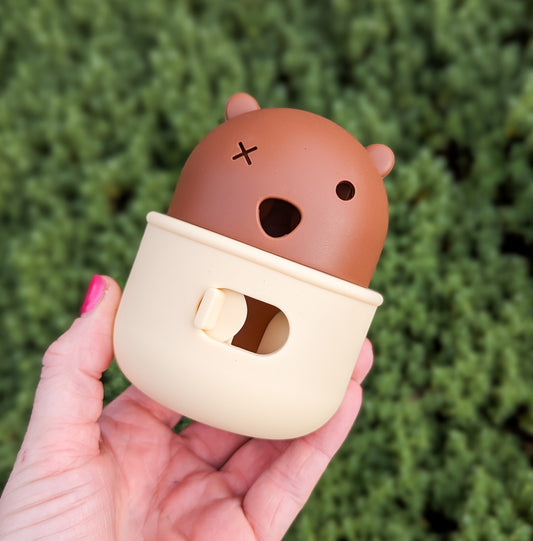 Cute Bear Treat Dispenser & Slow Feeder Combo | Beige & Oak