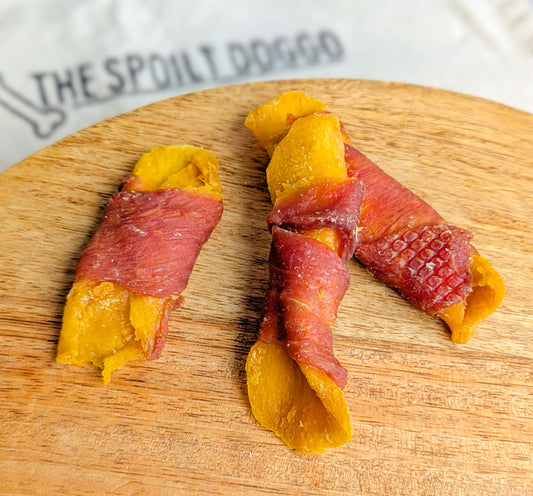 Duck Wrapped Mango Chunks