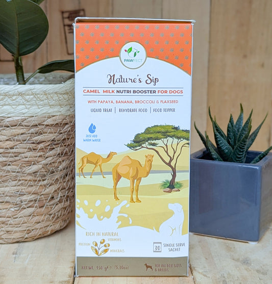 Pawfect Nature's Sip For Dogs | Camel Milk With Papaya, Banana, Broccoli & Flaxseed | 30 Single Serve Sachets