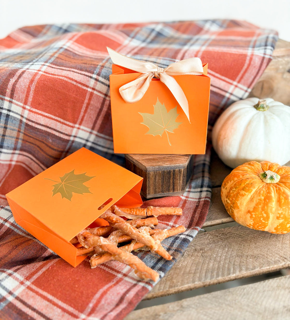 Autumnal Maple Leaf Gift Box Filled With Chicken Wrapped Pumpkin Chews 🍁🎃