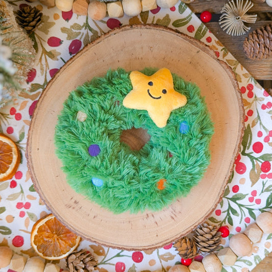 Remy Wreath | Plush & Rubber Christmas Dog Toy